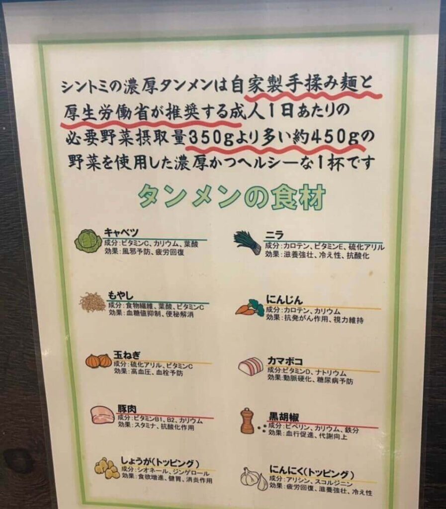 極濃湯麺シントミ 本庄店｜タンメンの食材